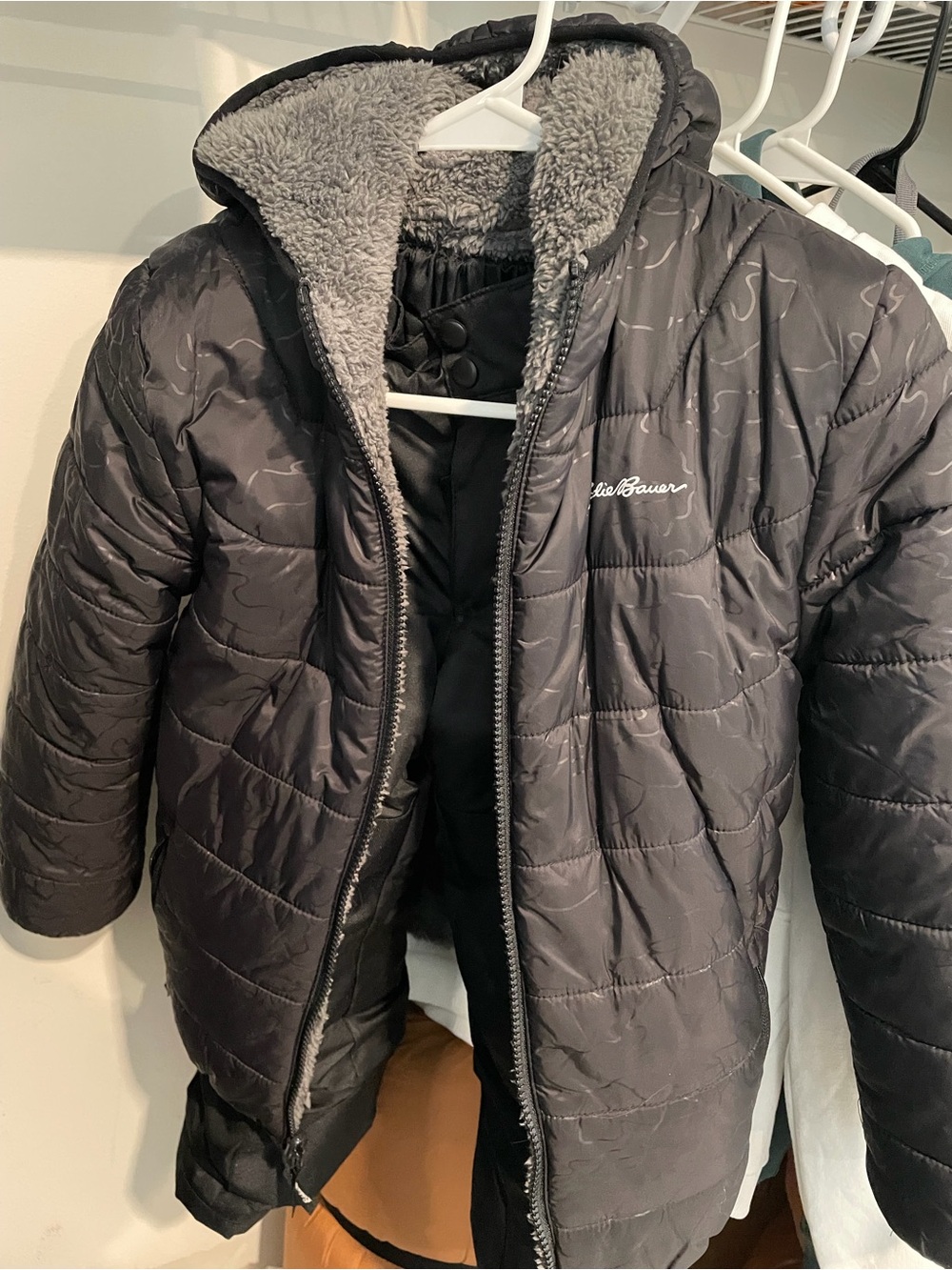 Eddie Bauer Kids Black Quilted Puffer Coat with Sherpa Hood